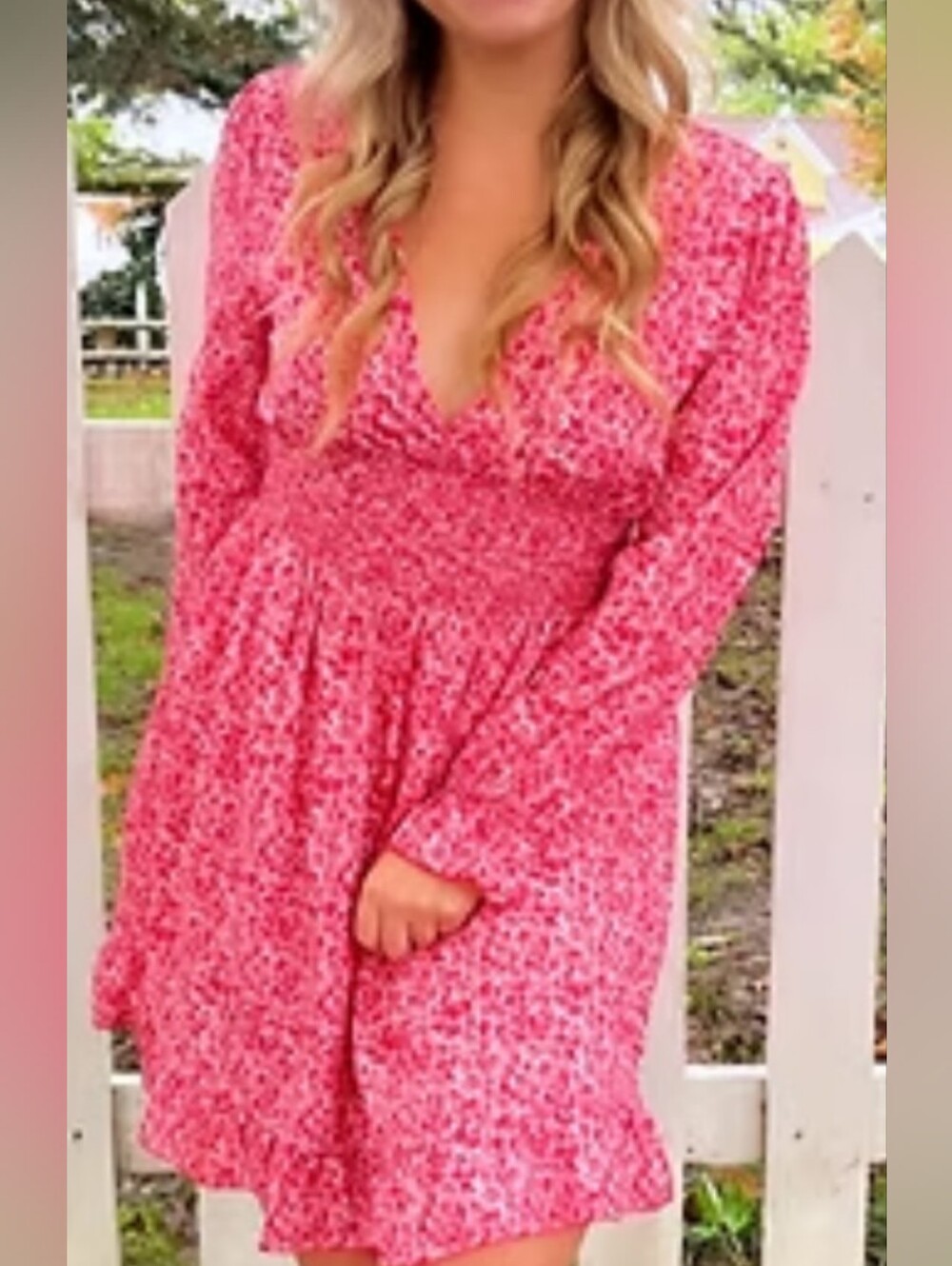 Women's Pink Floral Midi Dress with V-Neck